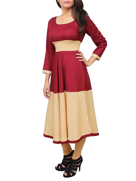 maroon rayon flared kurta - 11916026 - Zoom Image - 2