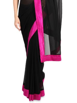 Black faux georgette saree with pink border - 1192802 - Standard Image - 2