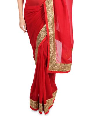 Red faux georgette saree with gold border - 1192812 - Standard Image - 2