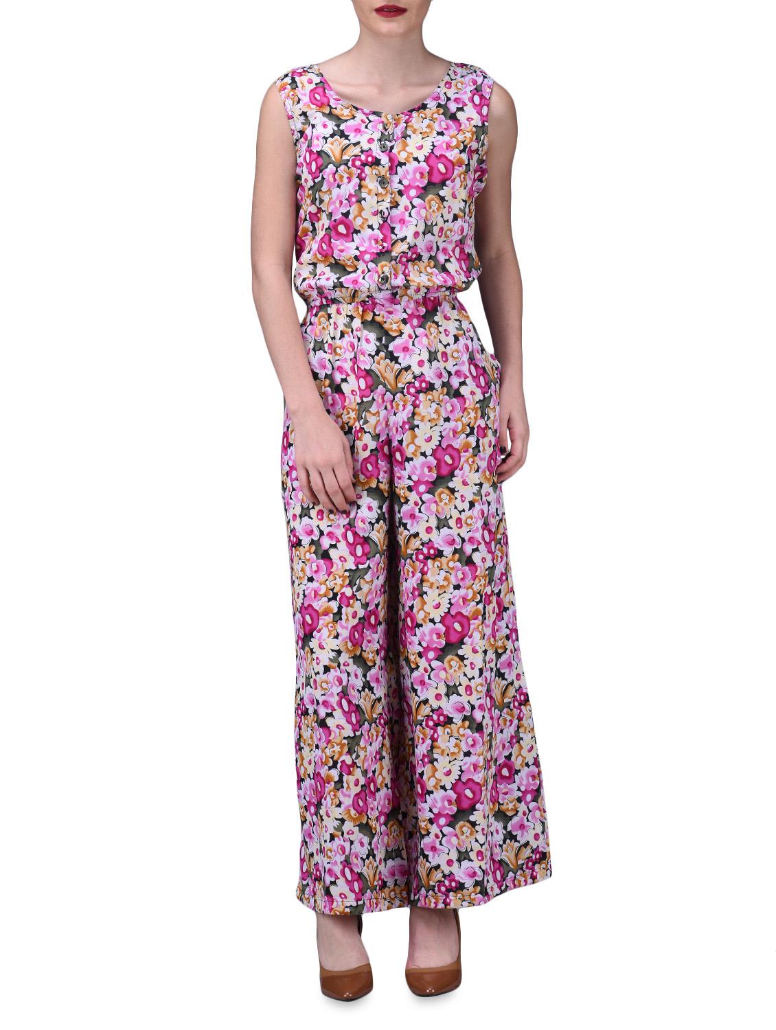 Pink Floral Print Sleeveless Jumpsuit - By