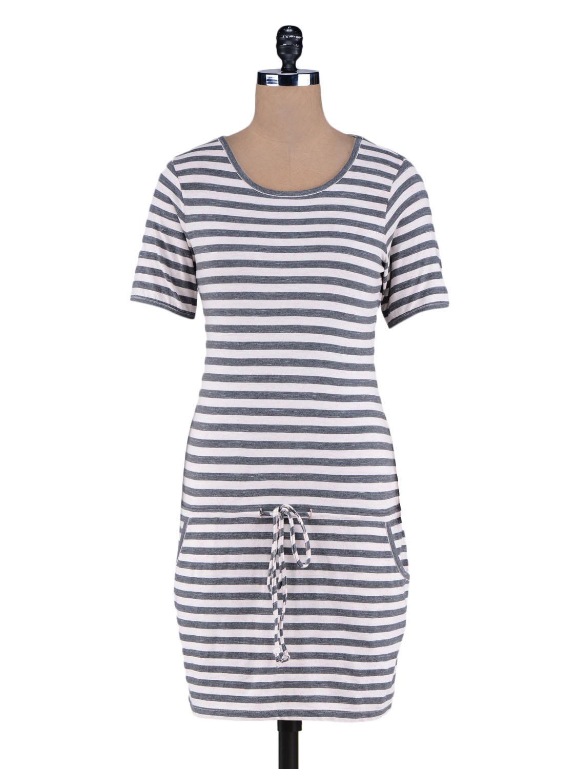 Grey Yarn Dyed Stripes Knitted Cotton Dress - By