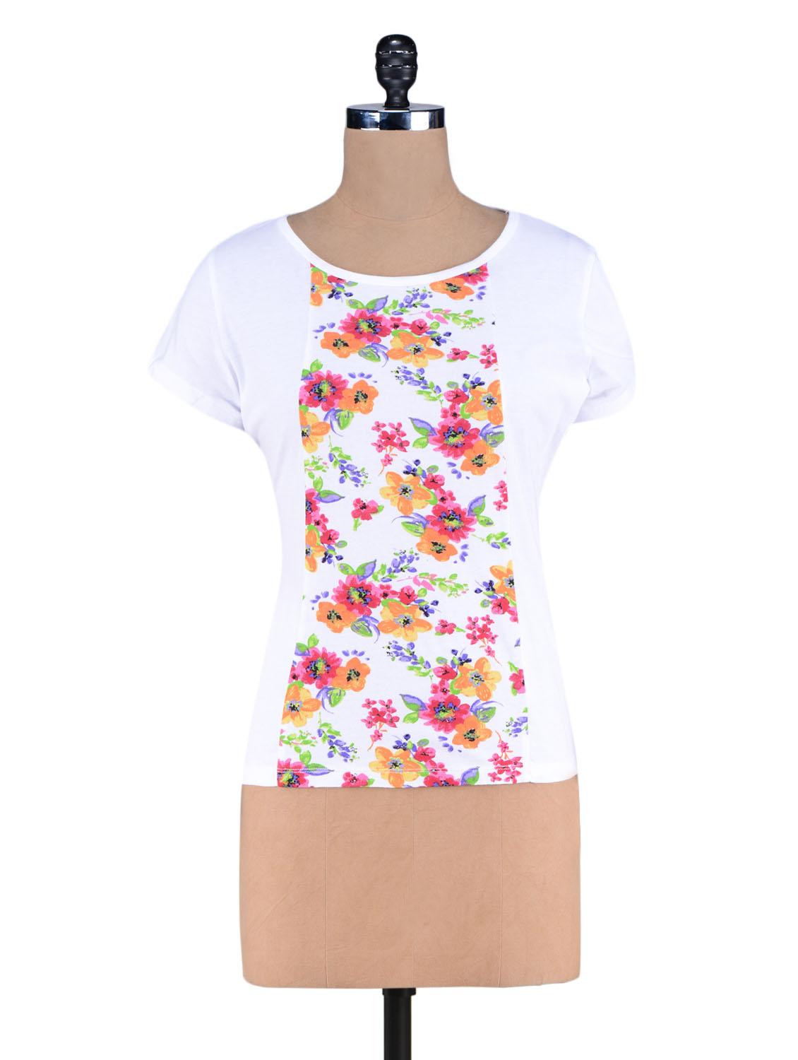 White Floral Printed Knitted Cotton Top - By