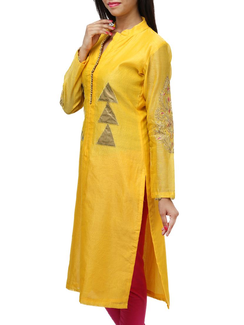 yellow silk straight kurta - 11954375 - Zoom Image - 2
