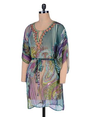 Green Viscose Chiffon Printed Kaftan - 1196752 - Standard Image - 2