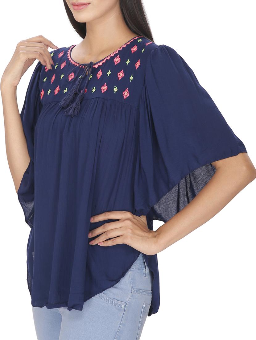 Navy Blue Embroidered Cotton Top - 12082046 - Zoom Image - 2
