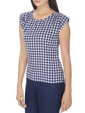 blue and white houndstooth printed polycrepe top - 12082049 - Standard Image - 2