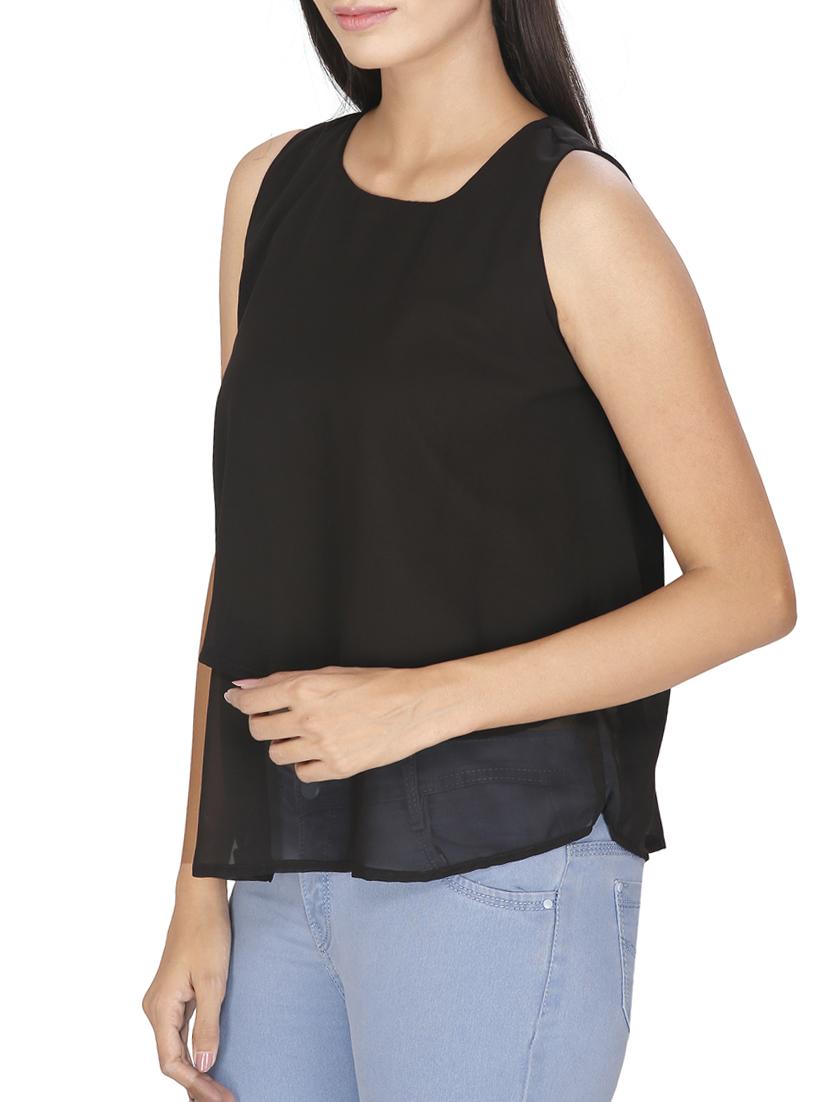solid black poly georgette top - 12082055 - Zoom Image - 2