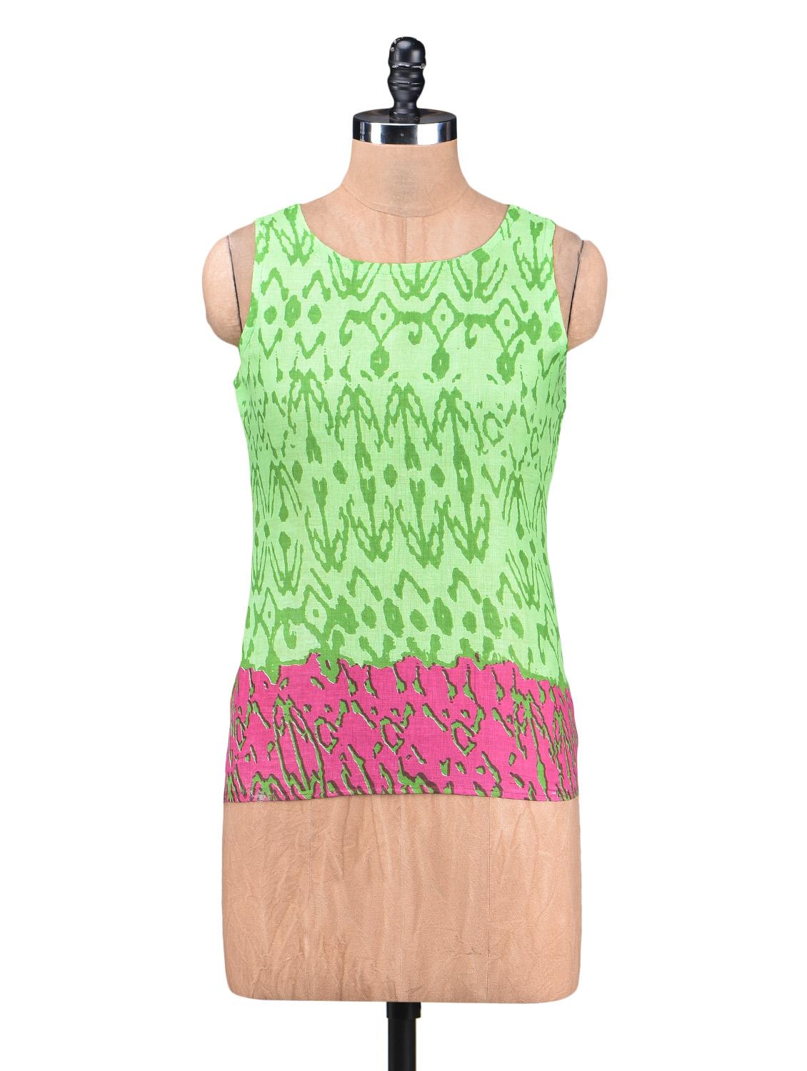 Green And Pink Cotton Printed Top - By
