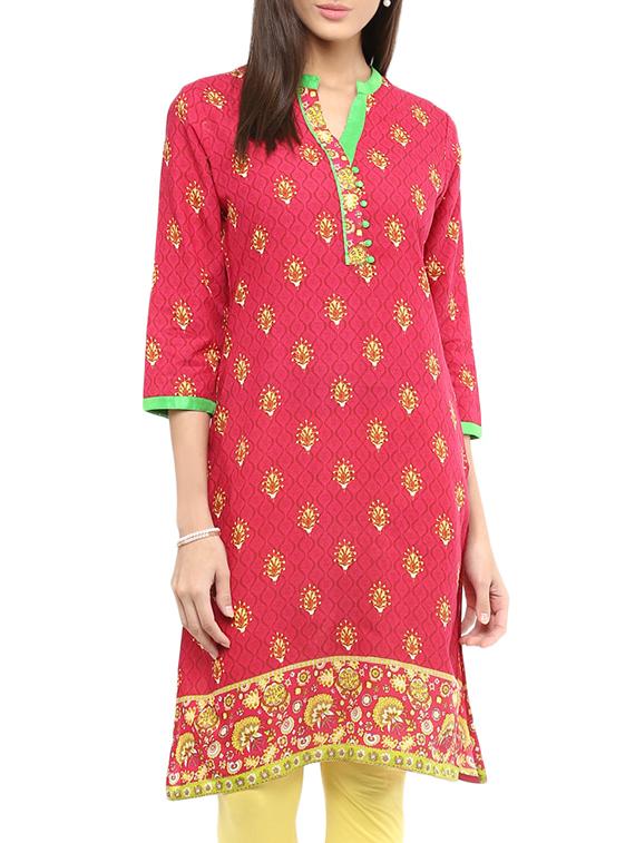 Pink Cotton Straight Kurta - By