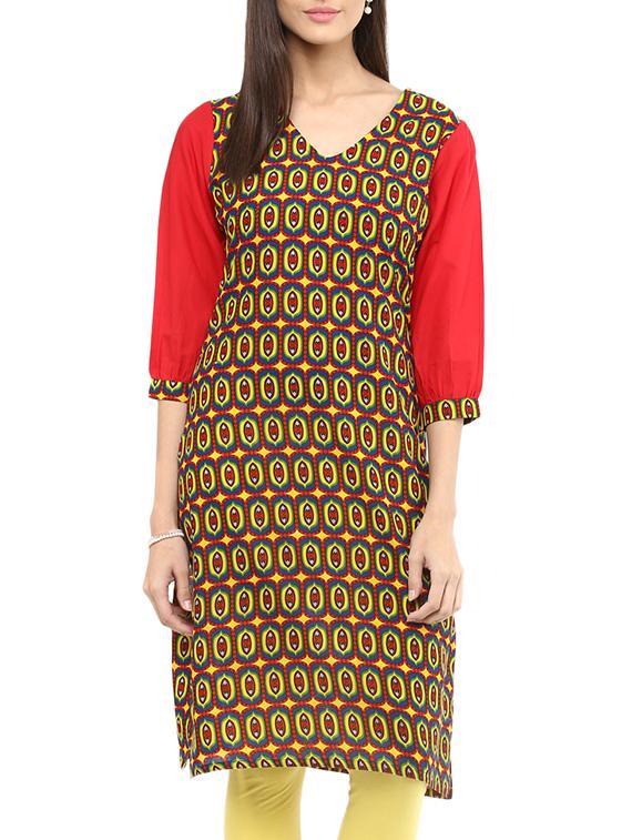 Red Cotton Straight Kurta - By