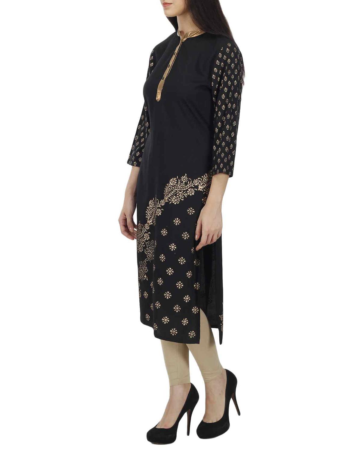 black cotton straight kurta - 12108460 - Zoom Image - 2