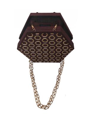 brown beads embellished hexagonal box clutch - 12123052 - Standard Image - 5