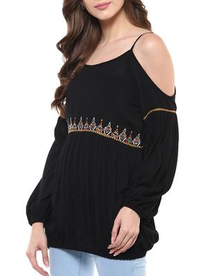 black embroidered rayon regular top - 12124172 - Standard Image - 2