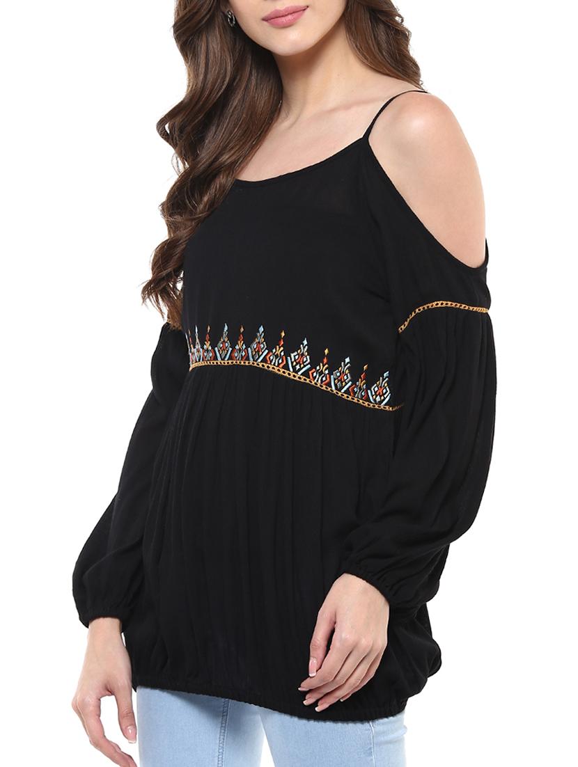 black embroidered rayon regular top - 12124172 - Zoom Image - 2