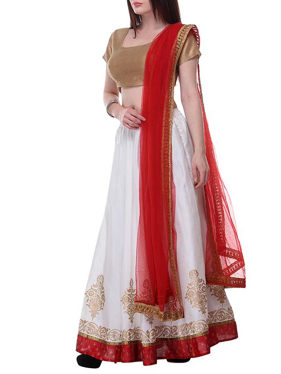 white hand block printed unstitched lehenga - 12131094 - Zoom Image - 2
