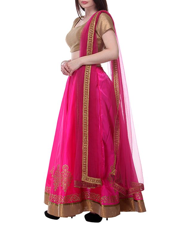 Pink Hand Block Printed Unstitched Lehenga - 12131095 - Zoom Image - 2