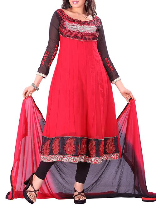 red georgette anarkali suits unstitched suit - 12157078 - Standard Image - 1