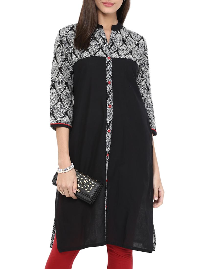 Black Cotton Straight Kurta - By