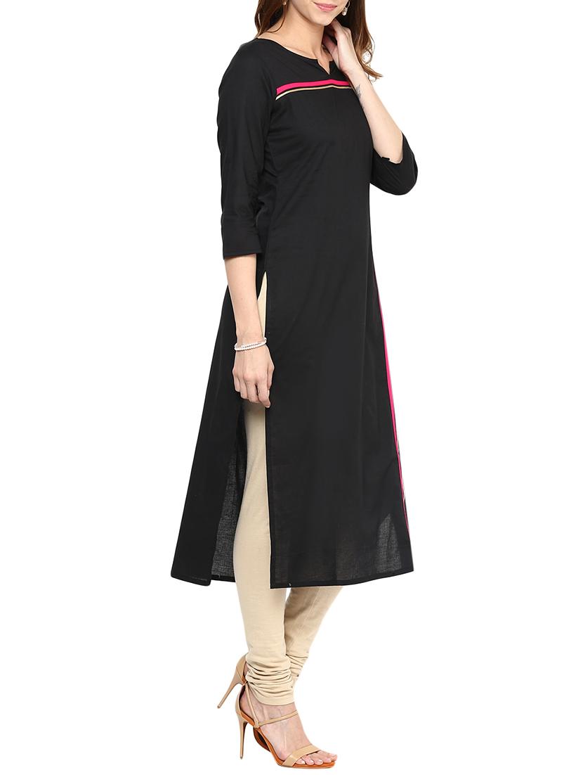 black cotton long kurta - 12184780 - Zoom Image - 2