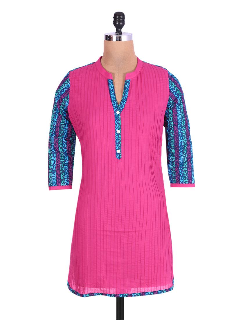 Pink And Blue Cotton Printed Kurta - By