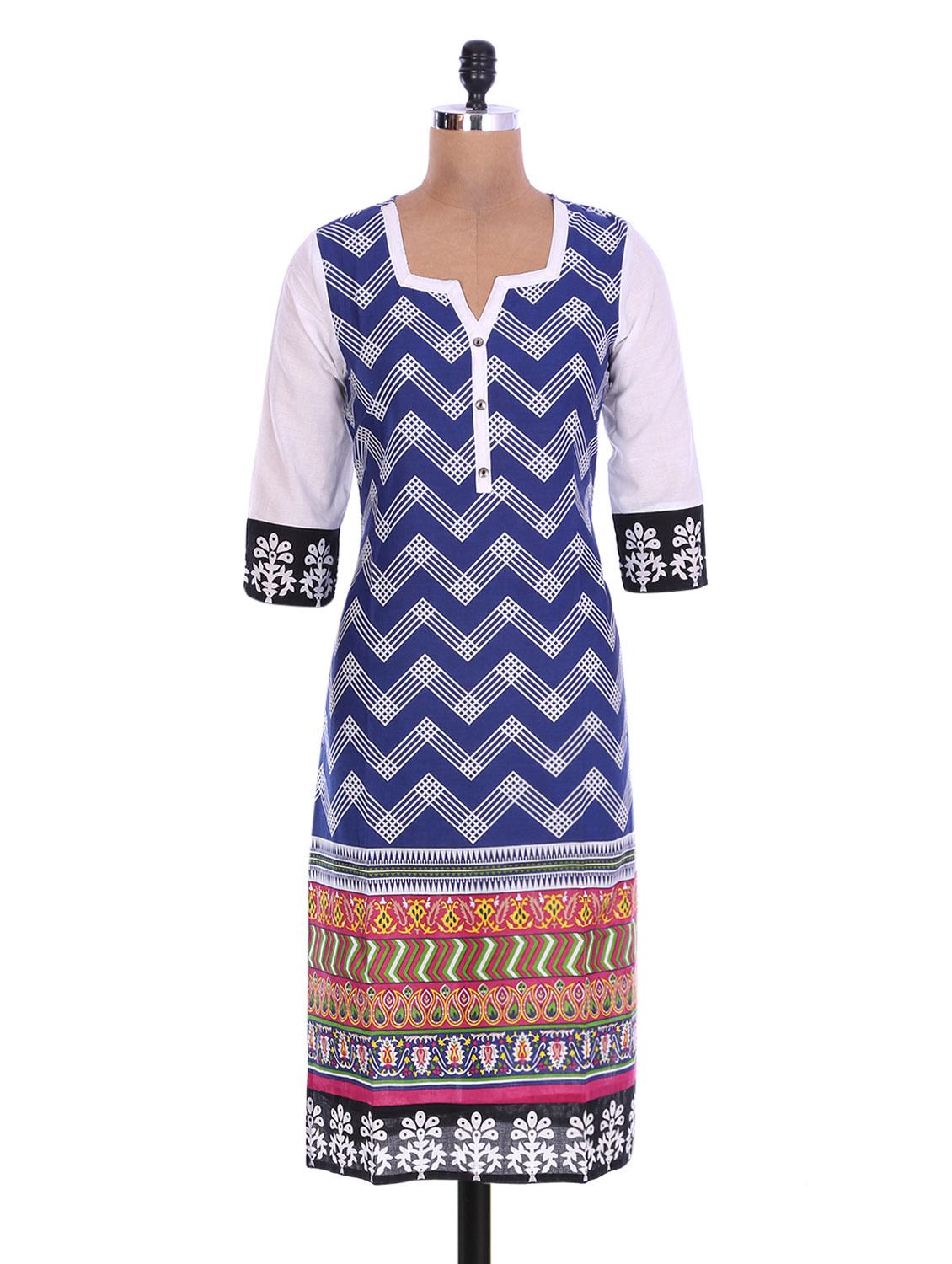 White And Blue Cotton Printed Kurta - By