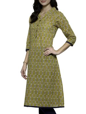 mehandi cotton printed straight kurta - 12210288 - Standard Image - 2
