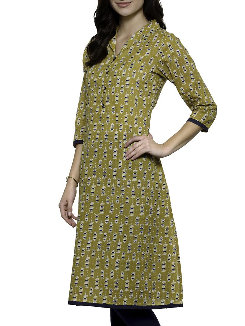mehandi cotton printed straight kurta - 12210288 - Zoom Image - 2