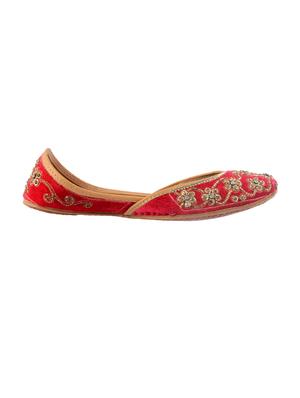 red silk hand embroidered mojaris - 12221678 - Standard Image - 2