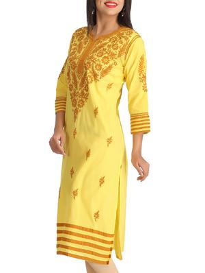 yellow cotton straight kurta - 12245190 - Standard Image - 2