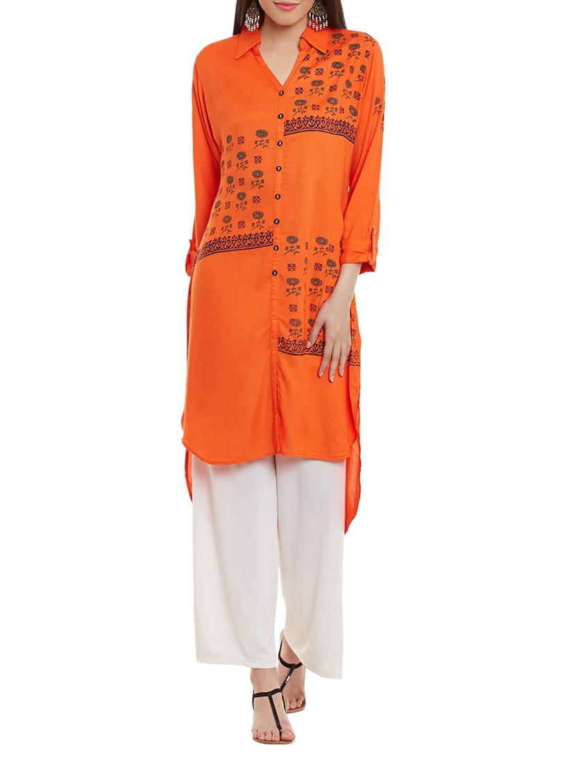 Orange Rayon Highlow Kurta - By