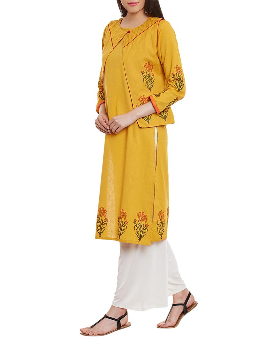mustard cotton straight kurta - 12260827 - Zoom Image - 2
