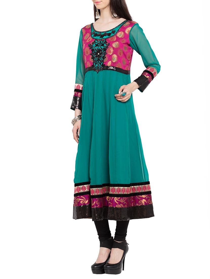 green faux georgette anarkali kurta - 12263121 - Zoom Image - 2