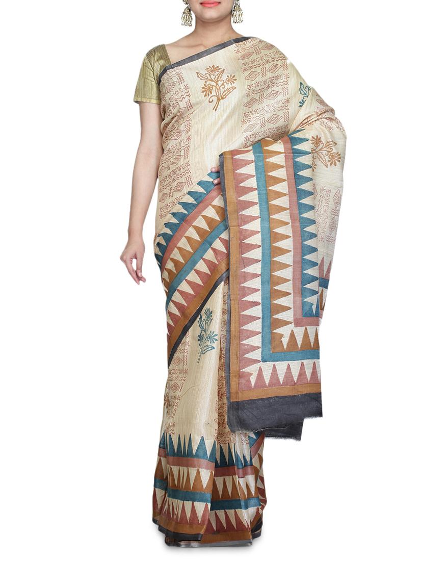 Beige Printed Art Bhagalpuri Ghicha Silk Saree - By - 1227211
