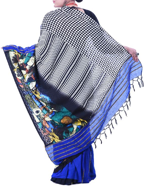 Blue Cotton printed Saree with blouse - 12274852 - Zoom Image - 2