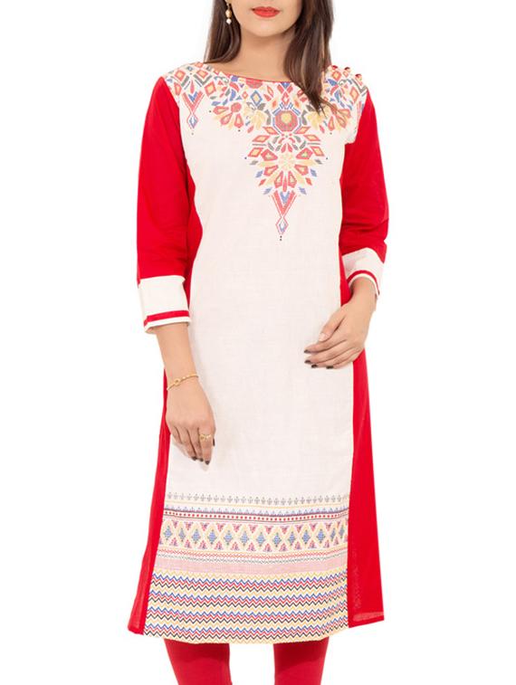 Red Cotton Straight Kurta - By