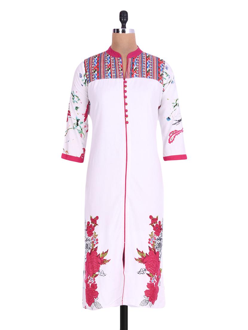 White Rayon Printed Kurta - By