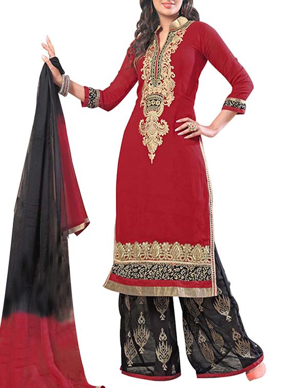 Black And Maroon Georgette Unstitched Suit Set - By
