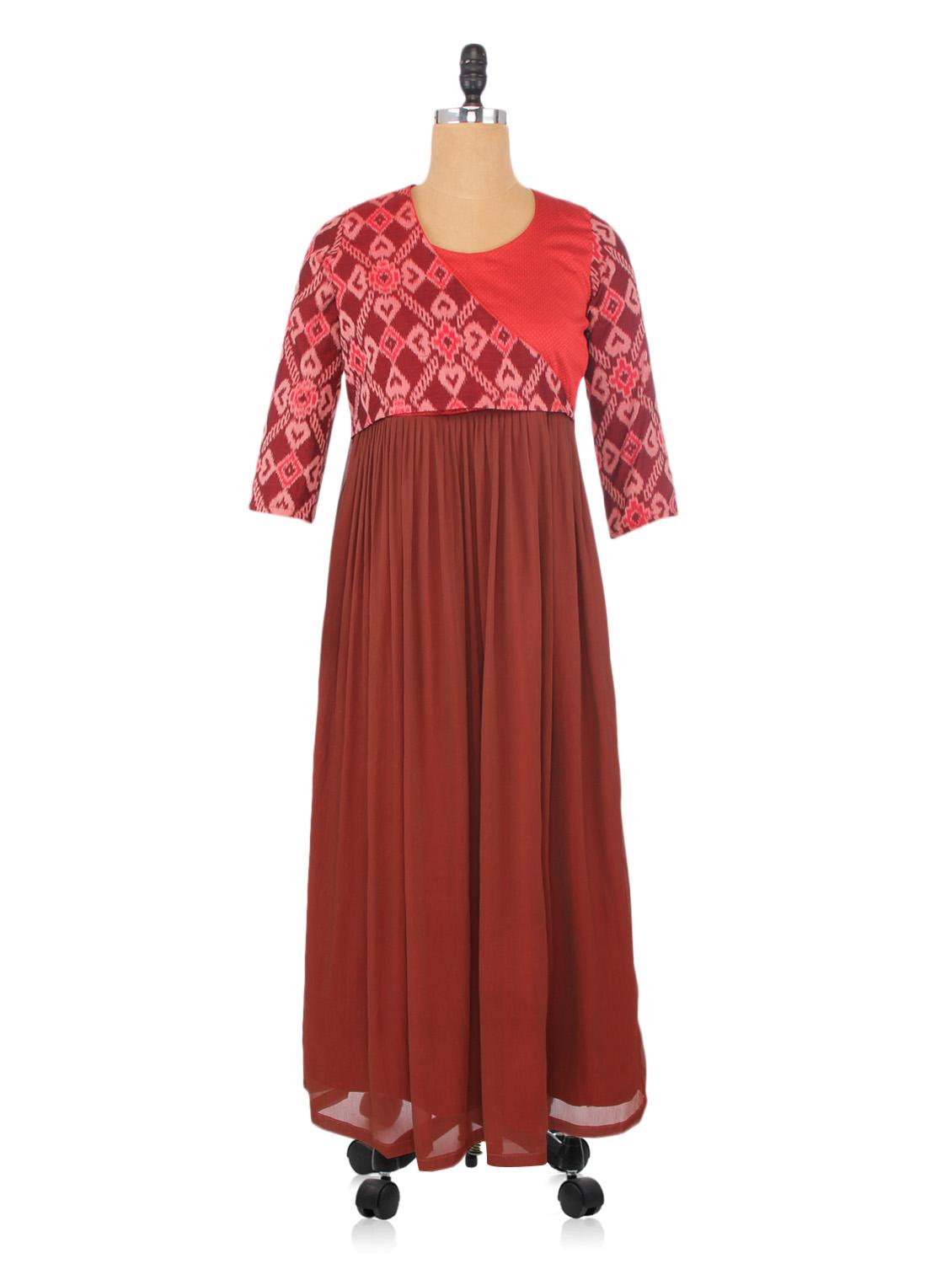 Maroon And Brown Cotton Chiffon Printed Dress - By