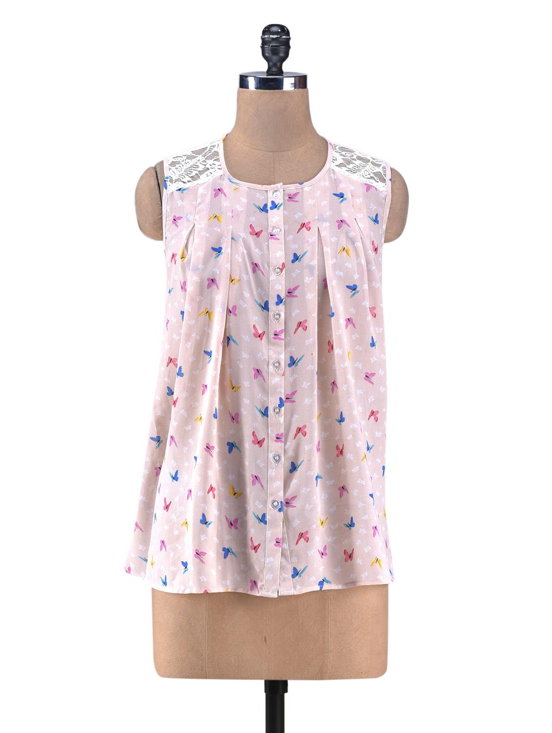Pink Printed Gathered Top With Lace Yoke - By