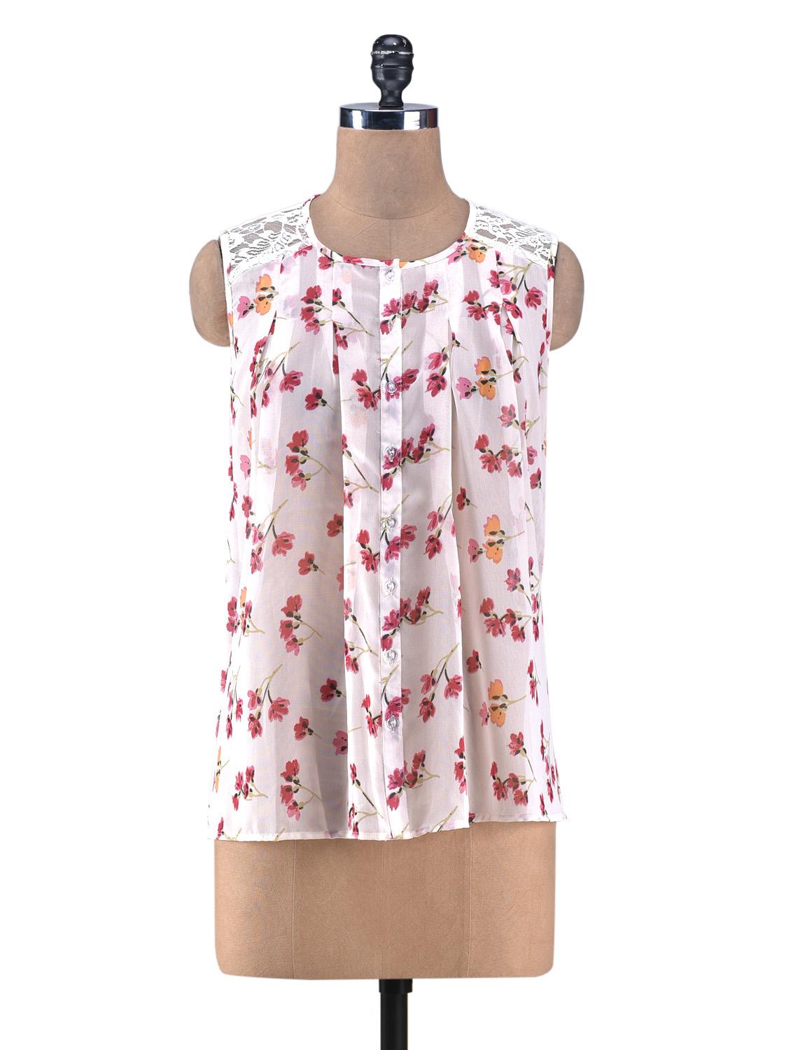 Peach Printed Gathered Top With Lace Yoke - By