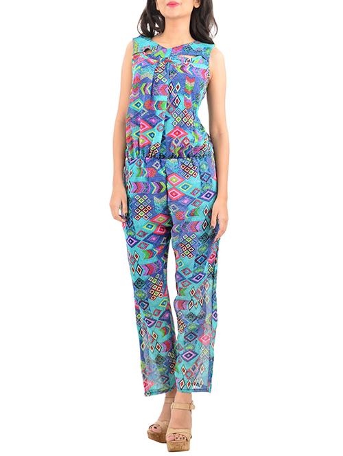 blue printed chiffon full leg jumpsuit - 12423398 - Standard Image - 1