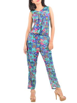 blue printed chiffon full leg jumpsuit - 12423398 - Standard Image - 2