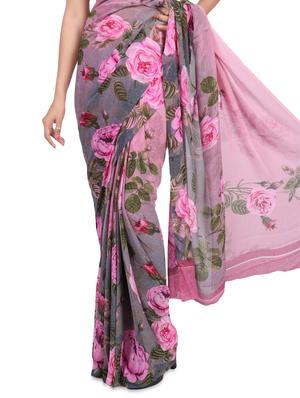 contrast shades floral printed saree with blouse - 1242649 - Standard Image - 2