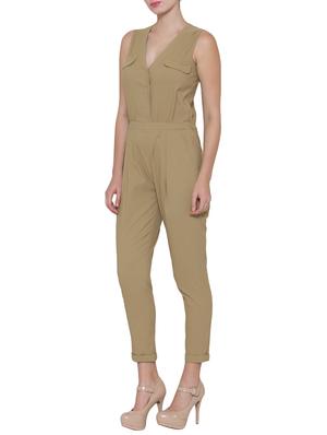 Solid beige sleeveless cotton jumpsuit - 12449654 - Standard Image - 2