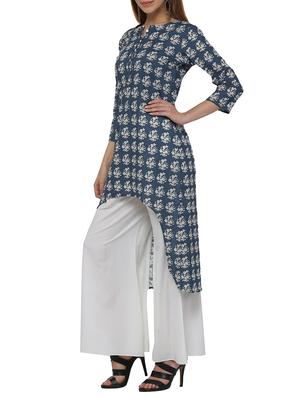 blue cotton high low kurta - 12453660 - Standard Image - 2