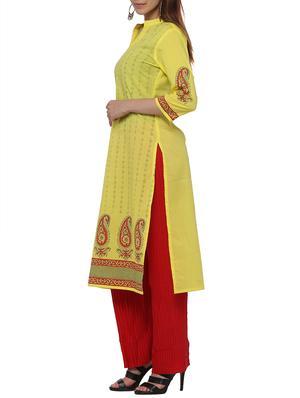 yellow cotton straight kurta - 12453665 - Standard Image - 2