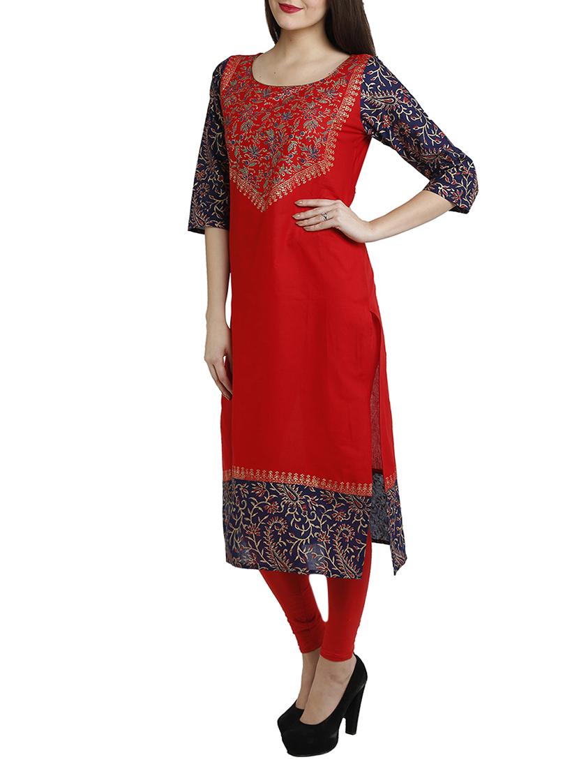 Red cotton regular kurta - 12455507 - Zoom Image - 2