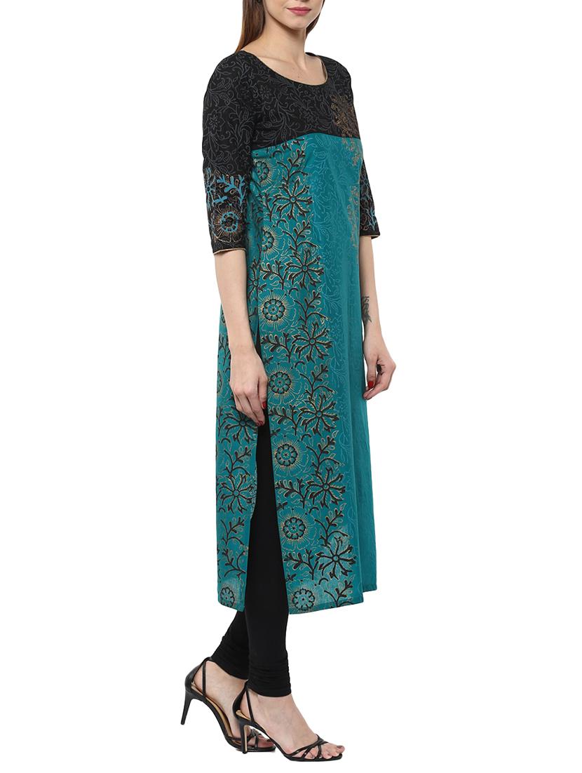 blue cotton straight kurta - 12462635 - Zoom Image - 2