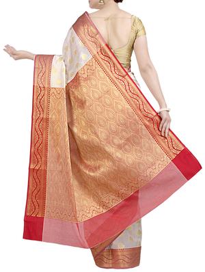contrast zari border banarasi saree with blouse - 12474920 - Standard Image - 2
