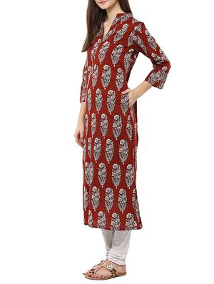 brown cotton printed straight kurta - 12512401 - Standard Image - 2